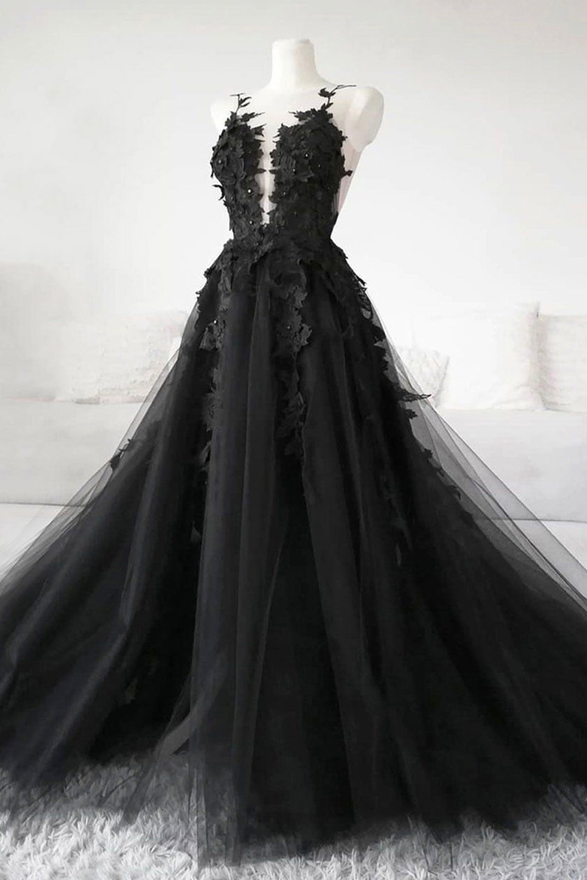 Black tulle appliqué long prom dress ...